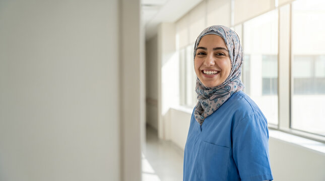 Smiling nurse wearing hijab in bright hospital corridor