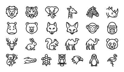 Fototapeta premium Animals Thin Line Icon Set with Zoo Wildlife Mammals Birds and Reptiles Vector Collection