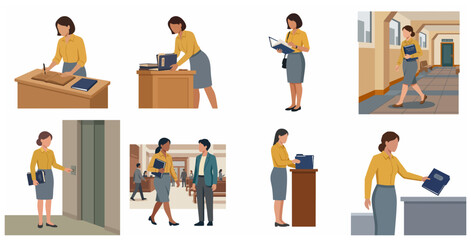 Fototapeta premium Set of professional business woman character in various office activities and corporate environments