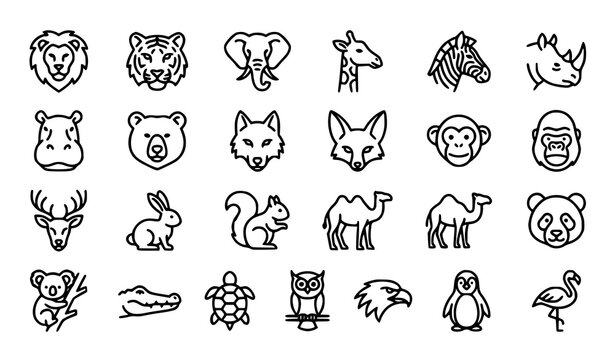 Animals Thin Line Icon Set with Zoo Wildlife Mammals Birds and Reptiles Vector Collection