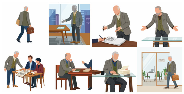 Set of flat vector illustrations featuring an elderly male professional lawyer or mediator in various office and legal scenarios.