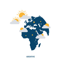 Naklejka premium Flat Vector Illustration of Earth Globe with Sunny Clouds and Gold Stars Weather Concept