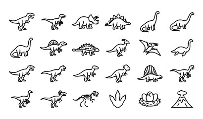 Dinosaur Thin Line Icon Set with Tyrannosaurus Triceratops Stegosaurus and Mesozoic Reptiles Vector © MdHacib