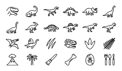 Mesozoic Dinosaur Outline Icon Collection with Ancient Reptiles and Fossil Symbols Vector © MdHacib