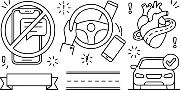 No texting while driving distracted smartphone use hazards and road safety warning line art vector icons set
