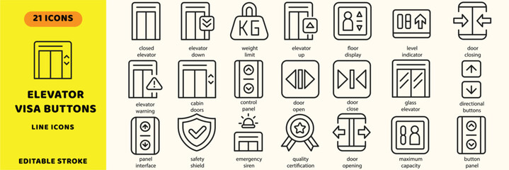 Elevator buttons and lift interface vector icons. Building navigation control panel doors opening closing and capacity limit line signs set. Control panel icon © EMON