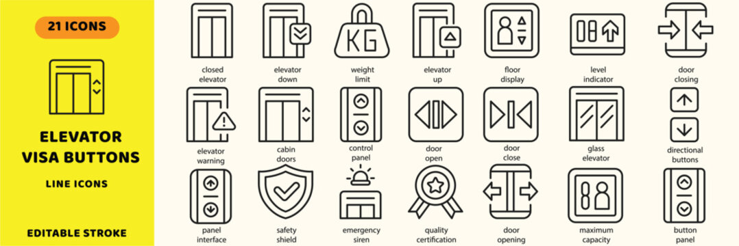 Elevator buttons and lift interface vector icons. Building navigation control panel doors opening closing and capacity limit line signs set. Control panel icon