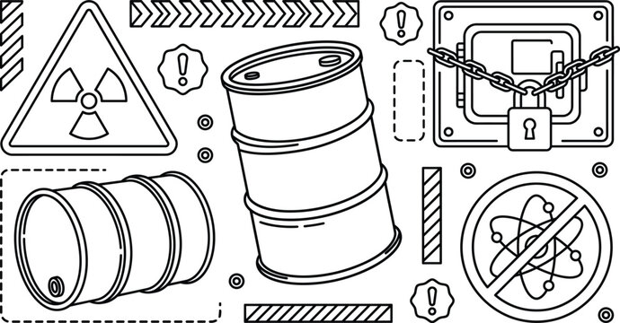Nuclear radiation waste barrels and hazardous substance storage safety vector icon set featuring locked vault container signs