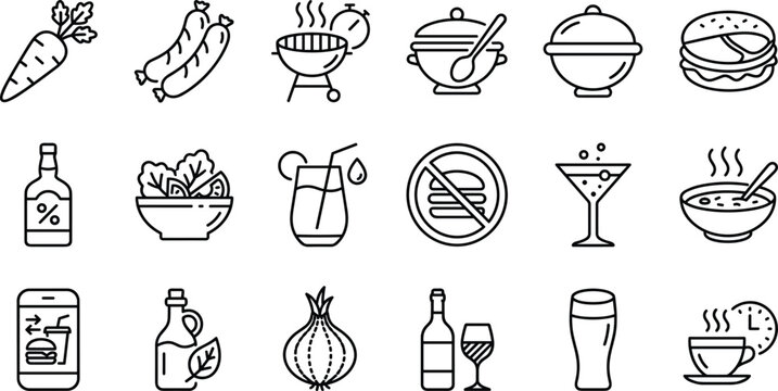 Healthy dinner and barbecue restaurant line icon set featuring vegetable grill beverage and burger vector elements
