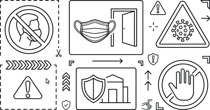 Pandemic safety prevention and face mask mandate vector icon set featuring virus warning signs house shield and stop hand