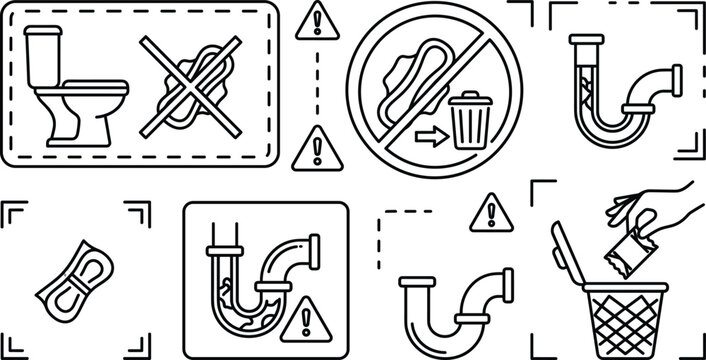 Plumbing safety and toilet rules vector icon set featuring clogged pipes bin trash and no flushing signs