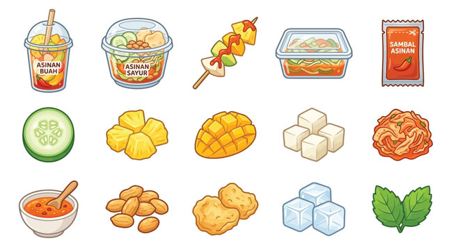 A vibrant collection of Indonesian culinary elements, featuring fresh fruit and vegetable salads, satay, spicy sambal, tropical fruits, tofu, peanuts, and crispy crackers.