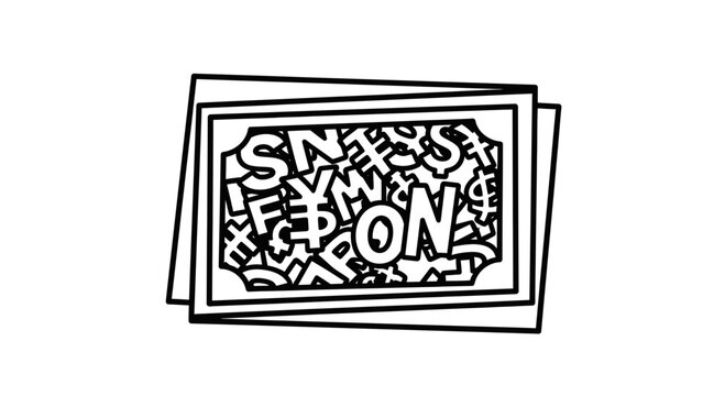 black and white illustration of money with random letters