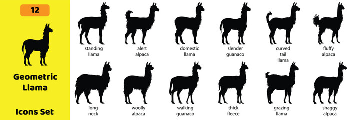 Llama and alpaca silhouette vector icons. South American guanaco camelid farm animals side view solid signs set. Standing llama icon © EMON