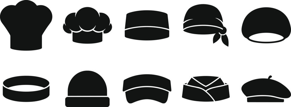 Professional Chef Hat and Culinary Headwear Silhouette Icon Set Featuring Toque Bandana Visor Beret and Baker Caps for Restaurant and Kitchen Branding