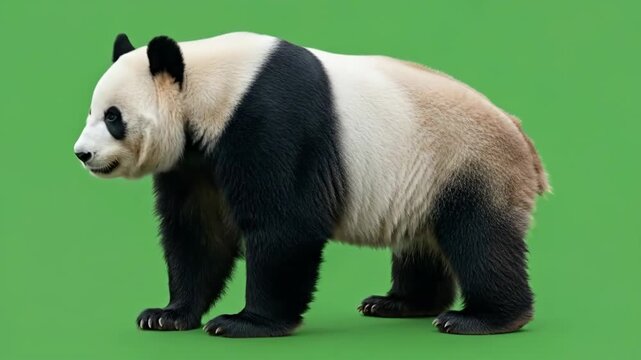A giant panda standing in profile against a solid green background screen