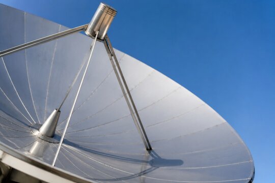 Silver concave surface of a satellite dish forming a parabolic shape, geometric industrial design.