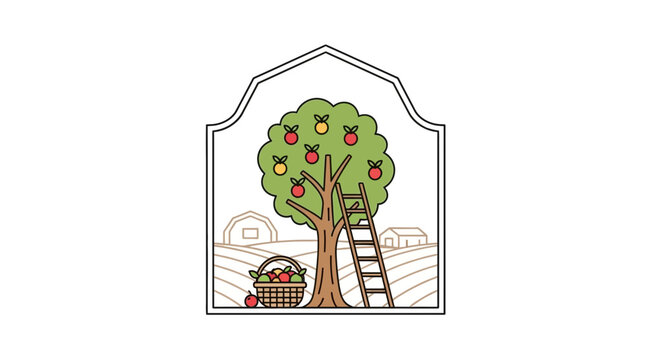 Apple picking, tree with ladder and basket