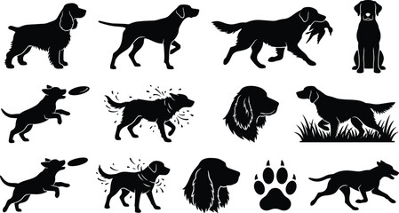 Obraz premium Hunting Dog and Retriever Silhouette Icon Set Featuring Breeds in Action Catching Prey Running Jumping Shaking Water and Paw Print Graphics