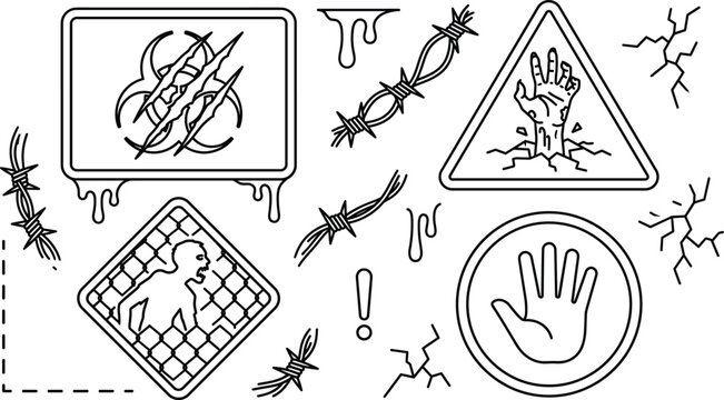 Zombie apocalypse virus outbreak biohazard and quarantine zone warning signs line art vector background icon set