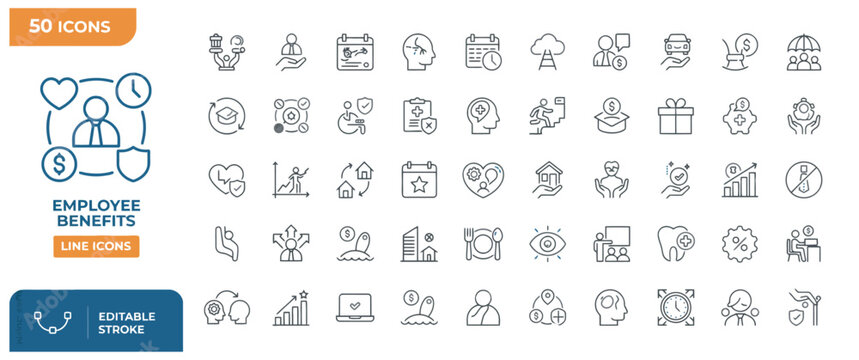 Set of fifty employee benefits line icons featuring corporate perks and human resources themes.