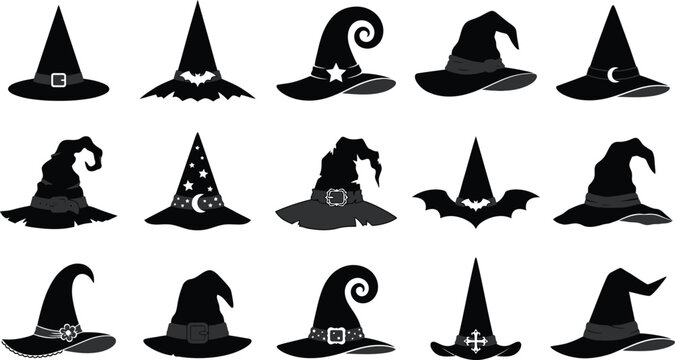 Black and white of cartoon cats wearing witch hats