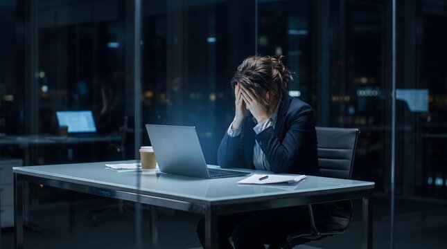 Stressed corporate employee handling data spreadsheet late at night suffering from severe anxiety and headache
