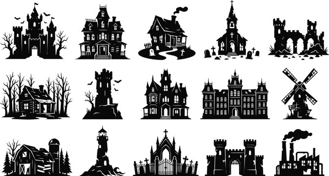 Black and white of various european castles and buildings tower spire dome archway