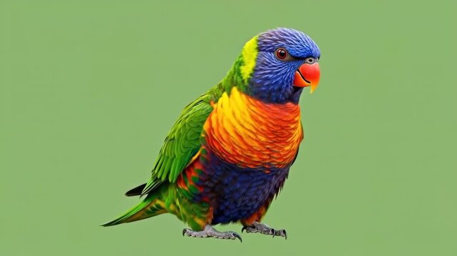 A vibrant rainbow lorikeet standing against a soft solid green background