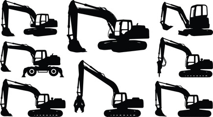 Collection of excavator silhouettes showing heavy construction machinery in various positions. © jim's Cafe
