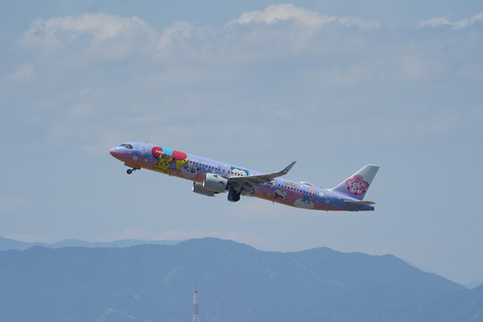 A China Airlines Airbus A321neo (B-18101) in Pikachu Jet Pokemon special livery departing from Fukuoka Airport on May 4, 2024 in Fukuoka, Japan.