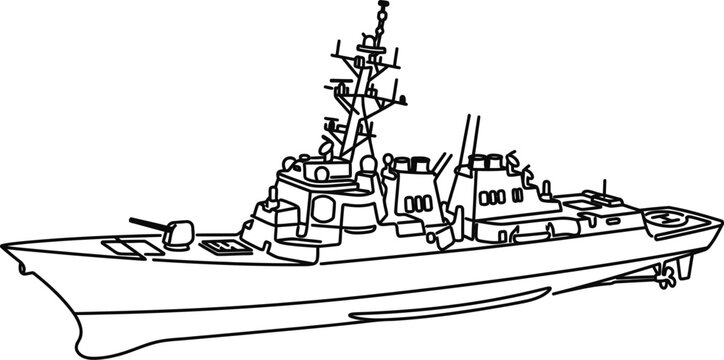 Black and white line art illustration of a modern guided missile destroyer warship.