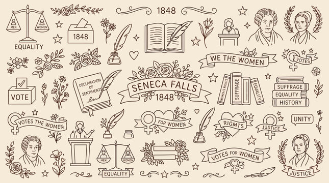 Collection of Symbols and Illustrations Representing the Seneca Falls Convention and Women's Rights Movement.