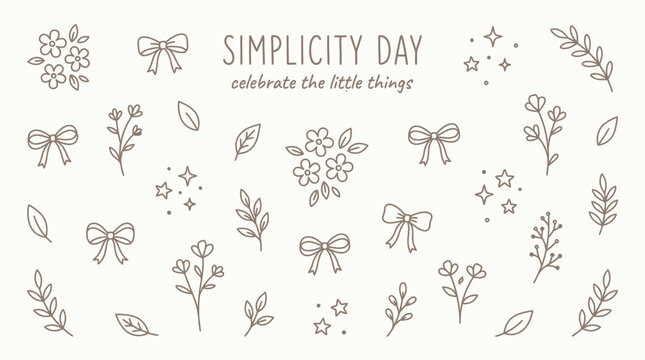 Simplicity Day celebration with hand-drawn floral elements, bows, and stars, encouraging appreciation for small joys.