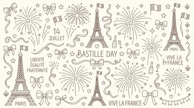Bastille Day doodle illustration with Eiffel Tower, fireworks, and French flags celebrating France's national holiday.