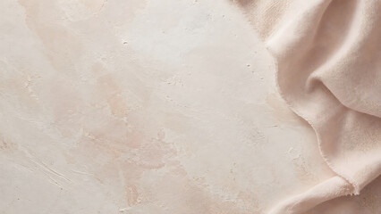 Fototapeta premium Beige fabric draped over a textured plaster surface, view