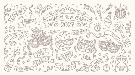Naklejka premium Happy New Year 2027 Doodle Collection with Party Elements and Masquerade Masks.
