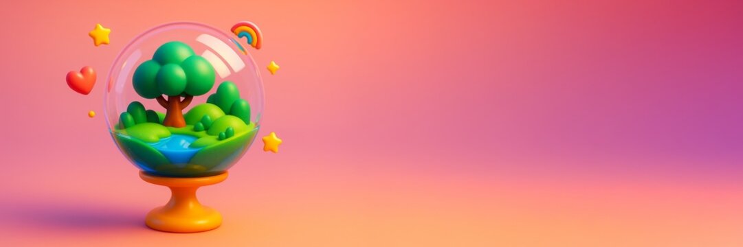 Fantasy globe with cartoon trees and heart on colorful background with copy space for creative eco concept or children's book mockup template. Ai generative