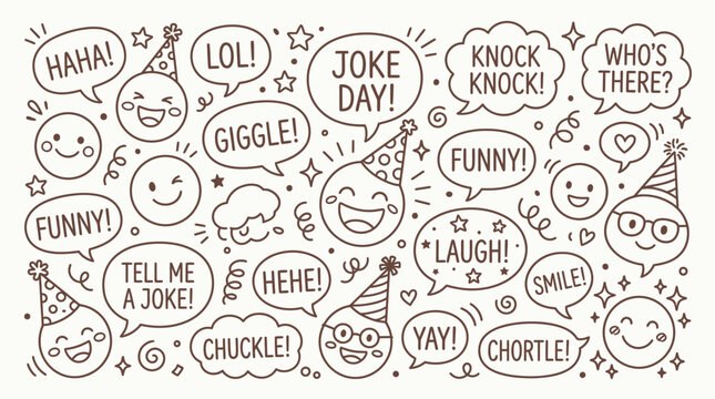 Collection of hand-drawn cartoon faces and speech bubbles with laughter and joke-related words, celebrating humor and fun.