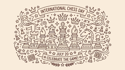 International Chess Day celebration with decorative chess pieces and elements. © Bara