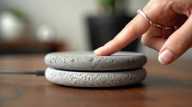 Finger touching stone textured wireless electronic device on table