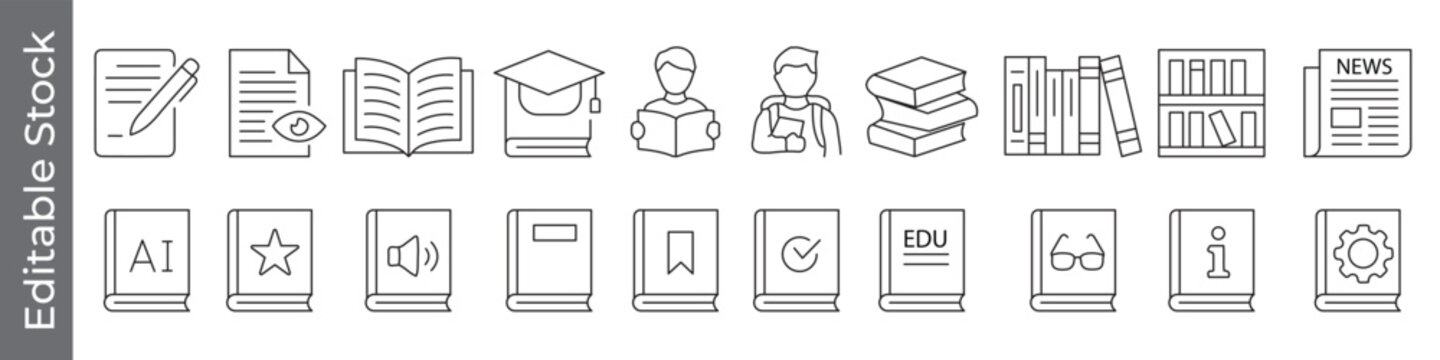 Book, favorite book, audiobook and education icon set &ndash; editable outline symbols of AI book, open book, student, graduation, library, bookshelf, notebook, news and learning elements