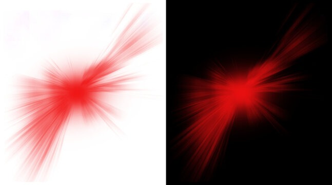 Red light burst effect on black and white backgrounds, abstract glowing lens flare with motion blur, vibrant energy explosion for cinematic overlay
