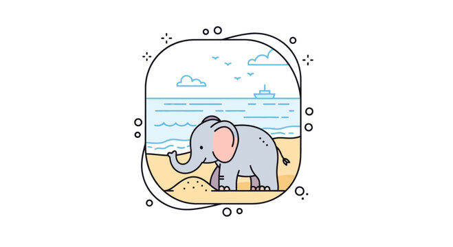 Cartoon Elephant on a Sandy Beach with Ocean and Boat Illustration