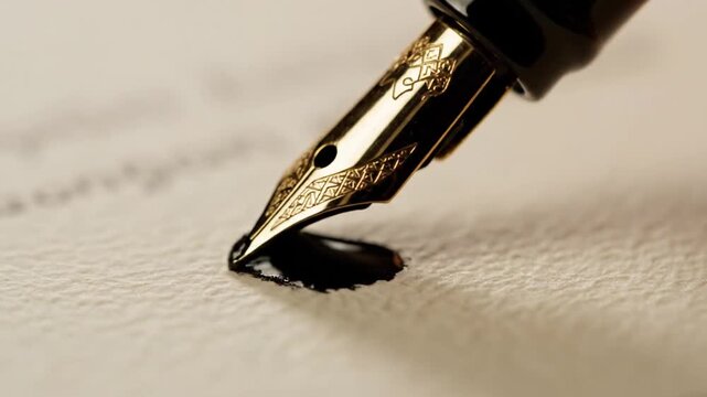 Gold fountain pen writing on textured cream paper