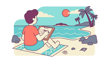 Fototapeta premium Artist sketching a tropical ocean view on a sandy beach