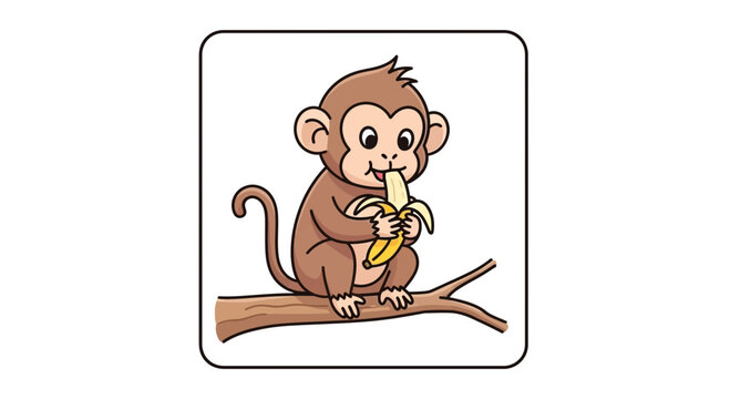 Cute monkey eating banana on tree branch, cartoon style