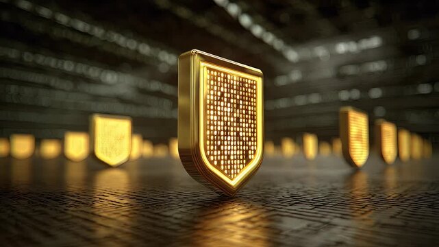 Golden shield emblem displaying digital data and technology symbols