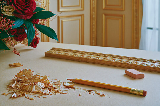 Sharpened Pencil with Wood Shavings on Elegant Desk