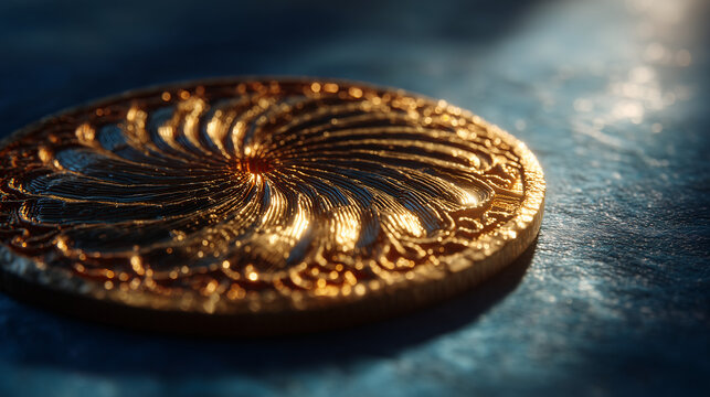 Close-up of a shiny gold coin resting on a textured surface with light reflections